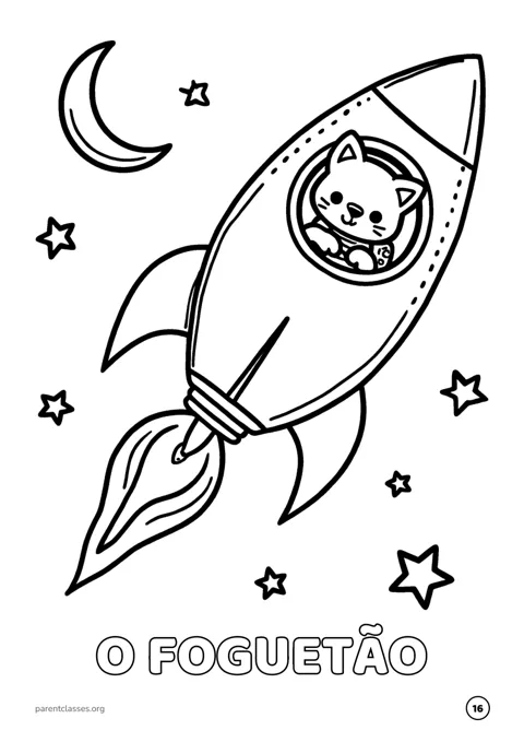 Desenho para colorir de um foguetão com um gato astronauta