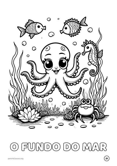 Desenho para colorir do fundo do mar com polvo, cavalo-marinho, peixes e caranguejo