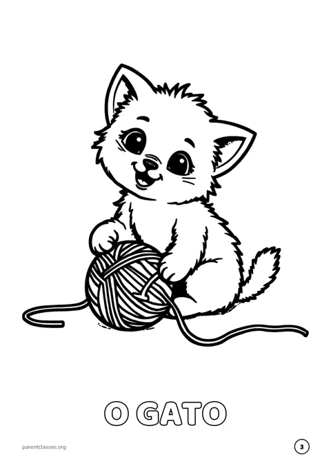 Desenho para colorir de um gato com um novelo, com a palavra «O GATO» em letras para pintar